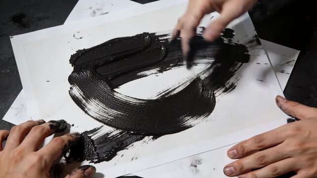 Smearing two adult bare hands pressing, dragging black pigment on tabletop workspace, white sheets