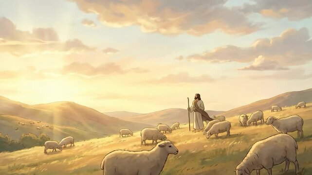 Jesus as shepherd watching over flock of sheep on grassy hill. Religious scene representing spiritual guidance and protection in beautiful landscape at sunset view.