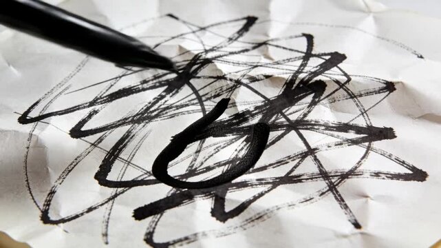 Starting felt-tip marker tip drawing quick loop strokes on crumpled paper, building dark layers