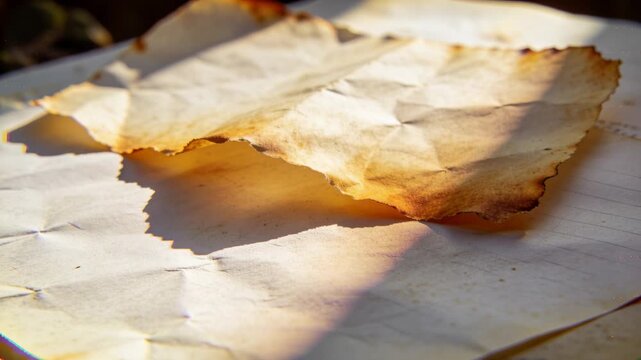 Catching sun, crumpled burnt paper sheets casting triangle shadow on lined paper, revealing creases