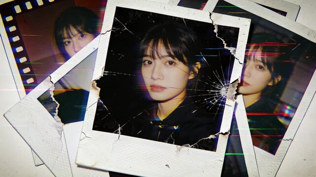 Sliding filmstrip revealing cracked polaroid woman in dark collar, settling tabletop collage