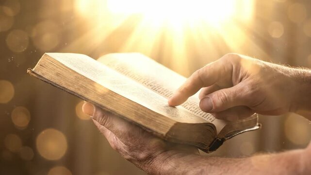 Man reading holy book with glowing light. Believer studying scripture with finger on page. Religious devotion and faith exploration in christianity and catholicism.