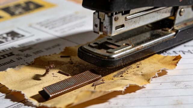 Pressing black metal stapler shearing copper staple strip on newspaper, scattering metal fragments