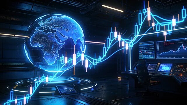 Rotating blue hologram globe glowing on platform, control room with candlestick chart and consoles