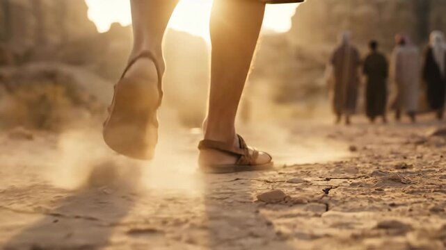 Man walking through desert on dusty path. Biblical figure in sandals traveling with group. Religious journey, catholic concept of pilgrimage in golden sunlight.