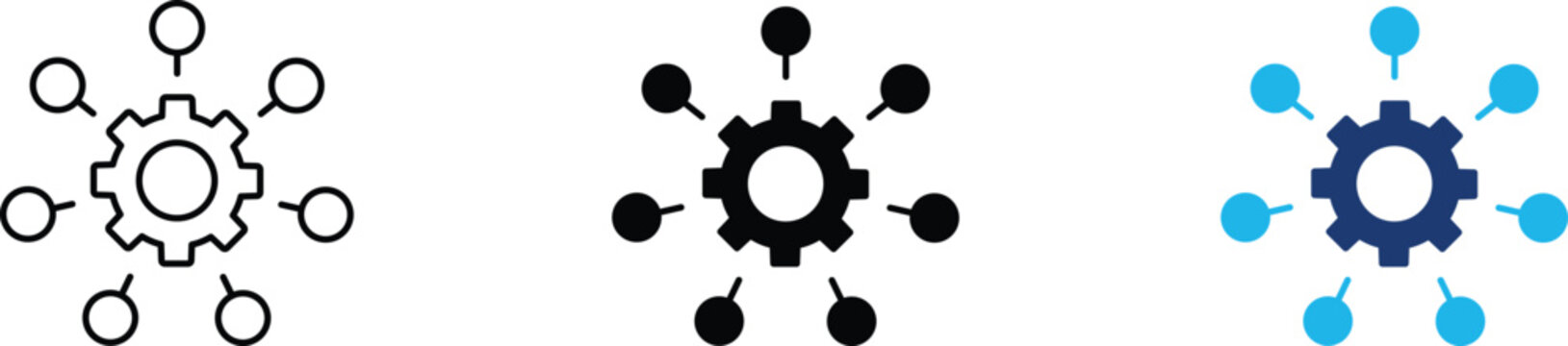 Centralized API icon showing system integration and automated workflow settings. Professional illustration for software development tools, microservices architecture, network configuration management.