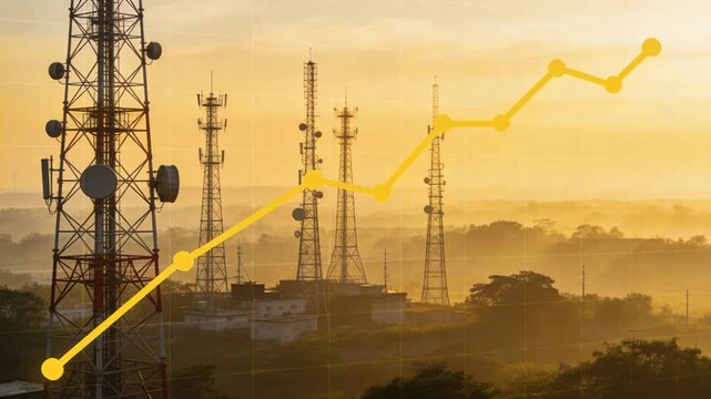 Receiving data yellow trend line animating across telecom towers at site edge showing dishes