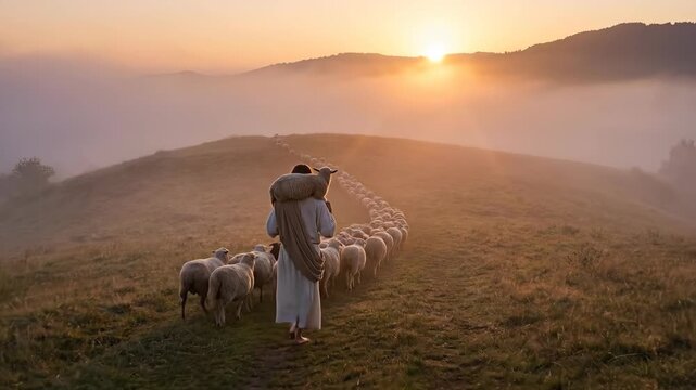 Jesus as the good shepherd walks across a misty hill carrying a lost lamb. Biblical scene of religious guidance and spiritual leadership during sunrise glow.