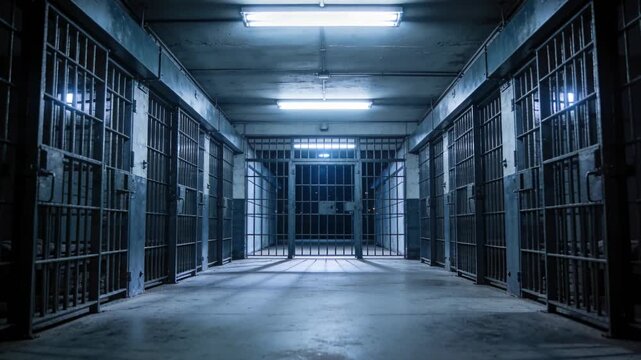 Camera moving down prison corridor, animated bars stretching shadows, revealing padlocks and gate