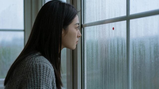 Gazing woman in gray sweater touching hair at apartment window, red dot, ear stud, copy space