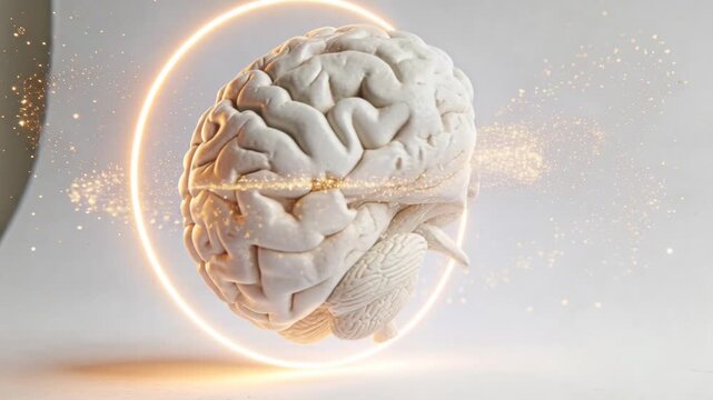 Floating 3D human brain model rotating at pale gray backdrop, with glowing ring and golden sparks