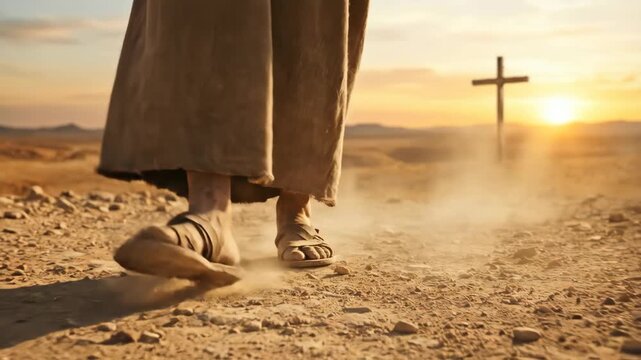 Man walking in robe and sandal across desert toward cross at sunrise. Religious pilgrimage representing journey of Jesus. Biblical scene in landscape near golgotha.