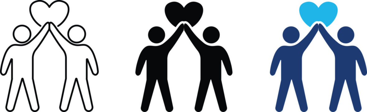 Social partnership icon showing mutual support and community heart connection. Professional illustration for non-profit charity organizations, team collaboration success, healthcare empathy programs.