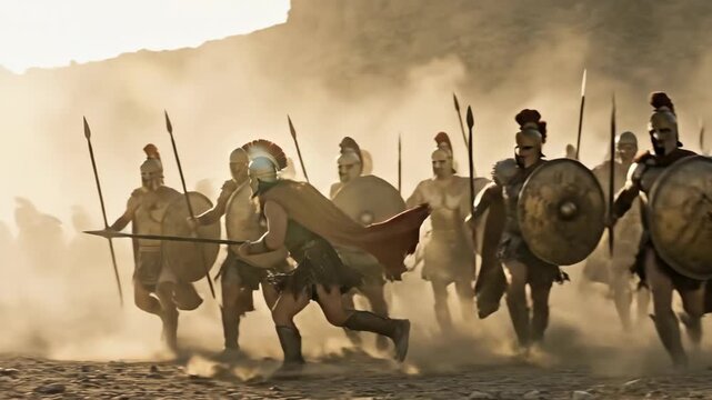 Spartan warriors charge across dusty battlefield during epic ancient conflict. Group of man soldiers in armor carrying spear and shield during historical combat.