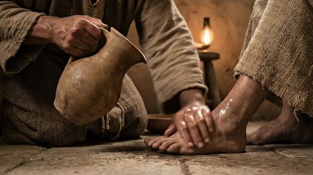Jesus washing disciple foot in ancient room. Man pouring water from jar to clean dusty feet of another person. Biblical scene of service and humility act religio
