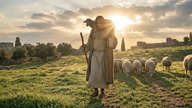 Jesus the good shepherd walking through a field carrying a lost lamb. Religious scene depicting biblical faith and christian tradition in a peaceful meadow.