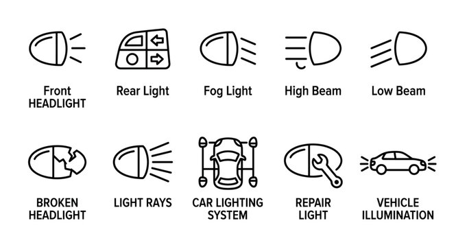 Collection of black line icons depicting various car lighting elements, including headlights, fog lights, rear lights, and repair lights, against a white background.