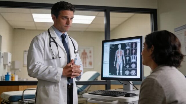 Doctor starting consult, pointing at anatomy screen showing organs, explaining and summarizing plan