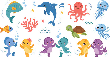 Cute cartoon sea animals set with dolphin octopus turtle jellyfish fish and playful underwater characters vector illustration collection © Md