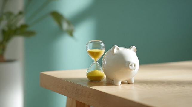 Clean still life of a white ceramic piggy bank and an hourglass on a wooden table, symbolizing time-bound financial planning and investment