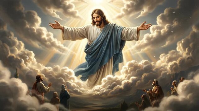 Jesus descending from heaven with arms outstretched as believers witness divine grace. Religious scene depicting spiritual salvation and holy encounter in clouds.