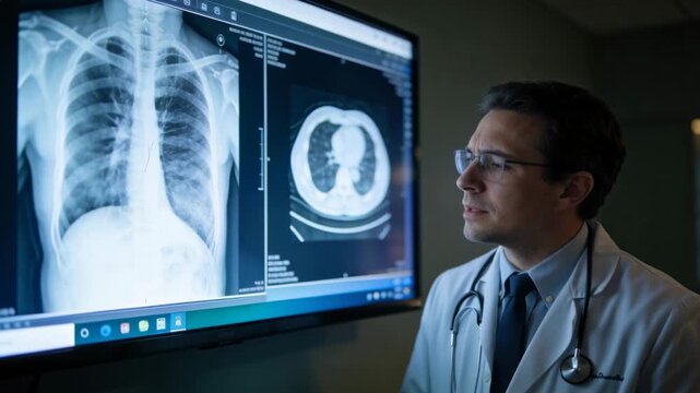 Pointing doctor in white lab coat explaining chest X-ray and CT on monitor, stethoscope, copy space