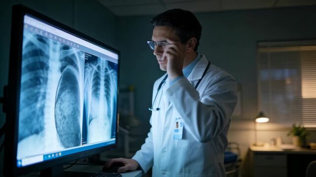 Dr pointing at chest x-rays on medical display, tracing lower lung finding confirming with mouse