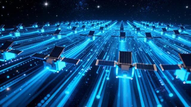 Advancing center cubesat fleet moving above blue data lanes, revealing solar panels and blue lights