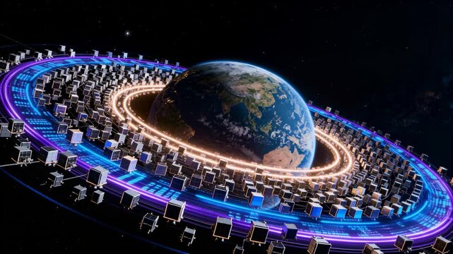 Panning camera circling Earth in orbit, revealing ring rotating and neon circuitry over cube rows
