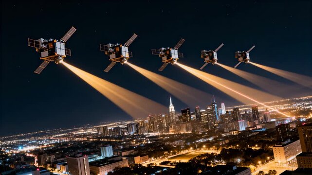 Signal activating five small satellites casting orange beams over downtown skyline, mapping blocks