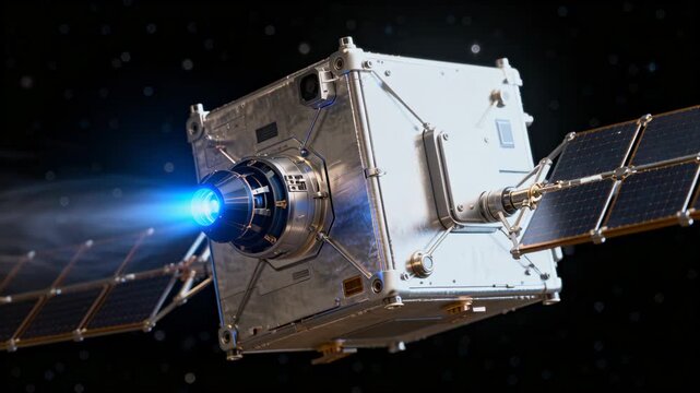 Spacecraft on command firing engine for orbit raise, rotating panels while trailing blue plume