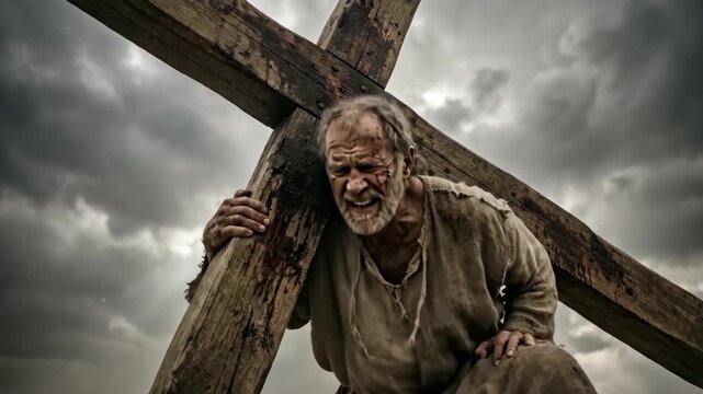 Elderly man carrying wooden cross through rocky desert landscape. Biblical scene depicting suffering and faith through intense struggle with heavy burden for religion.