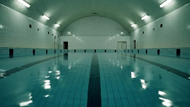 A deserted indoor pool fills with the unsettling atmosphere of a dark, silent liminal space, its reflective water surface mirroring bright fluorescent ceiling lights.