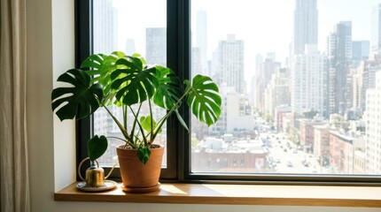 Fototapeta premium Potted monstera plant on window sill in modern bright apartment