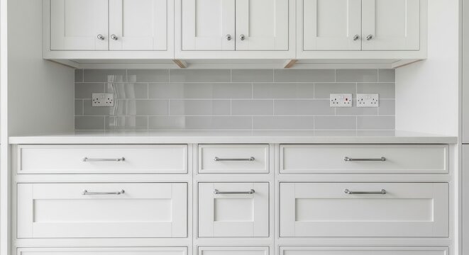 Modern Matte White Shaker Kitchen Cabinets with Minimalist Chrome Hardware and Gray Subway Tile Backsplash