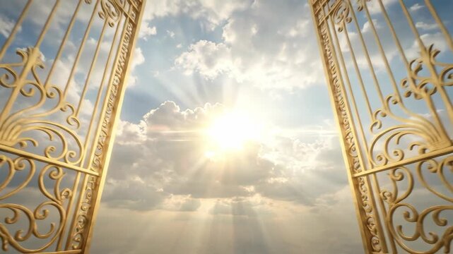 Golden gates opening to reveal light in heaven. Passage into afterlife with divine rays of sun among clouds. Surreal religious concept of entryway to paradise.