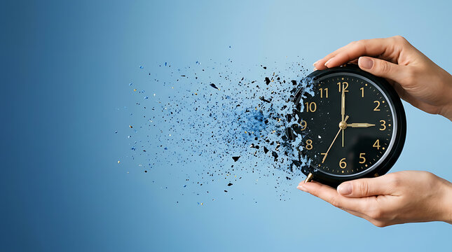 Hands holding a black alarm clock with gold numbers and hands, exploding on a blue background, time concept, destruction of time