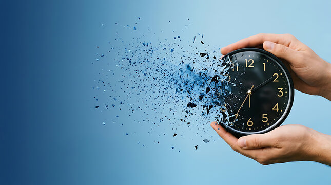 Hands holding a breaking clock with pieces exploding out, time shattering concept on blue background
