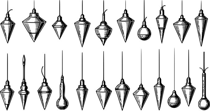 Collection of Plumb Bobs: Hand-Drawn Vintage Vertical Line Tools for Construction, Architecture, and Surveying