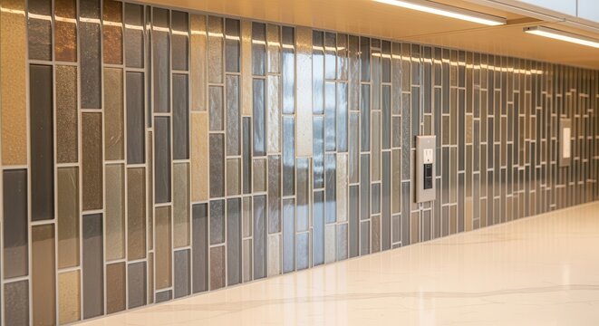 Vertically stacked mosaic tile backsplash with a modern neutral color palette and subtle reflective qualities.