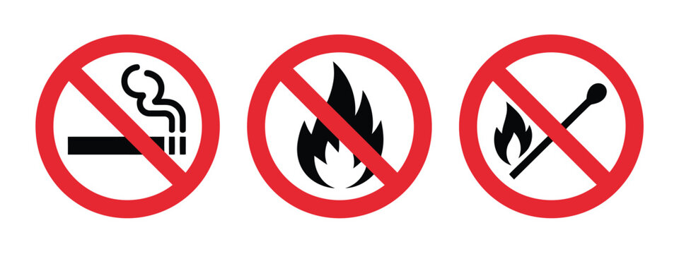 no smoking and no open flame sign set, red prohibition symbols with cigarette and fire match icons, safety warning signs, hazard prevention and restricted area concept, vector illustration isolated
