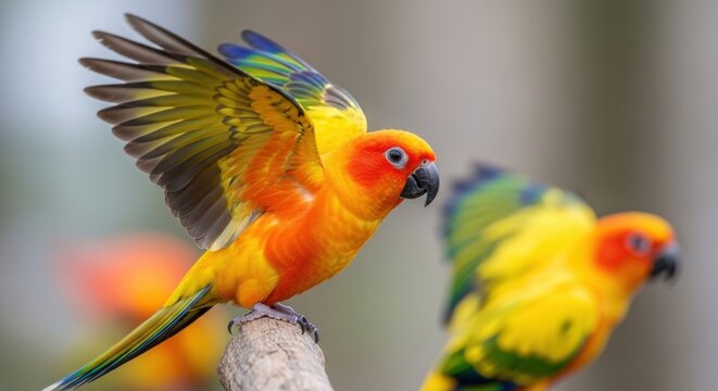 Vibrant Sun Conure Parrot with Wings Spread Perched on a Branch in a Tropical Setting