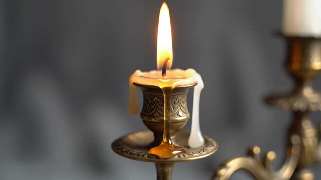 A single lit candle in an antique brass candlestick glows warmly against a soft grey background in a timeless still-life composition.