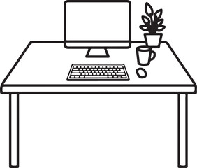 Fototapeta premium Desk with Computer Keyboard Mouse and Plant table monitor