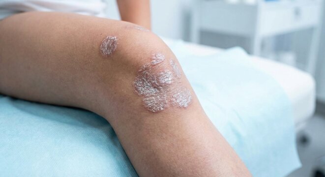 Child's knee with silver scaly psoriasis patches