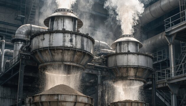 Medium shot of operational electrostatic precipitators releasing clean air with visible dust particles being removed from gas streams in a factory environment.