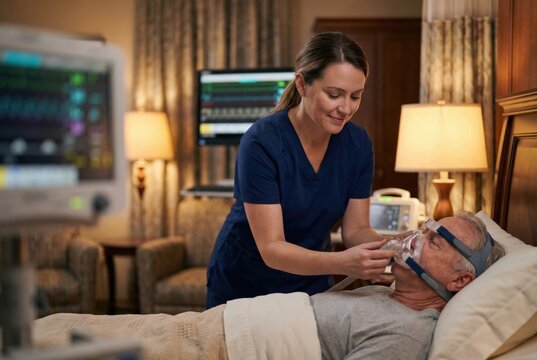 Caring nurse adjusting CPAP mask on elderly patient in sleep lab