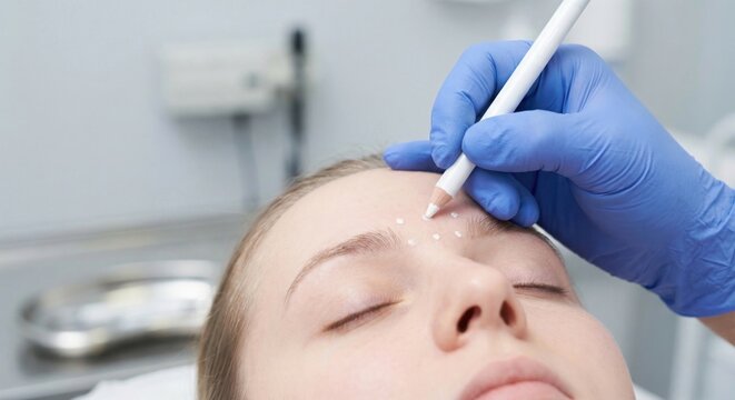 Doctor marking injection points on patient's forehead