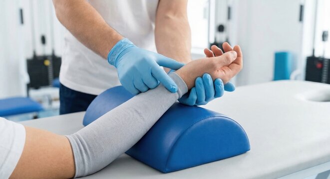 Therapist performing carpal mobilization on patient's wrist