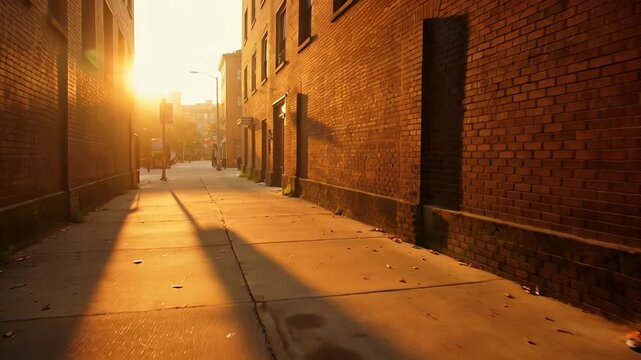 ?Golden hour sunlight casting long shadows in a quiet urban alley